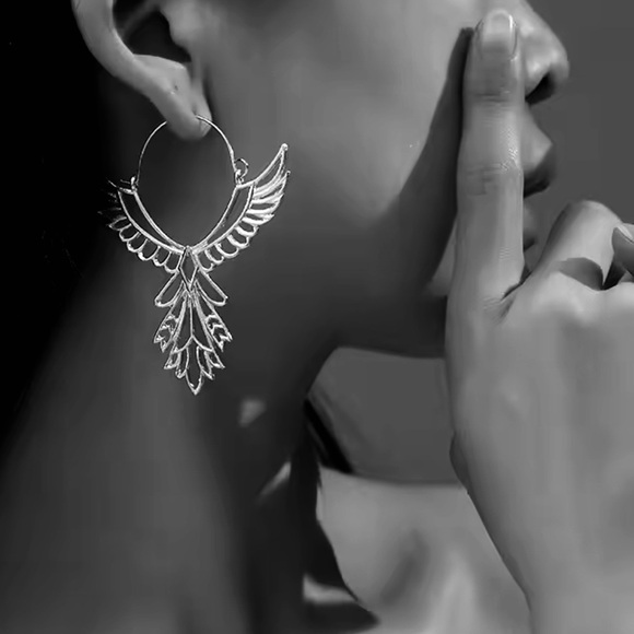 “Thunderbird” Phoenix Silver Guardian Angel Festival Native American Wing Hoops - Picture 8 of 11